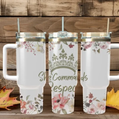 She Commands Respect 40oz Travel Mug With Handle and Straw