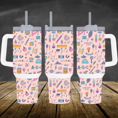 Stylish and Durable: Cute Classroom Icons Patterned  40oz Travel Mug With Handle and Straw A Must-Have for Students
