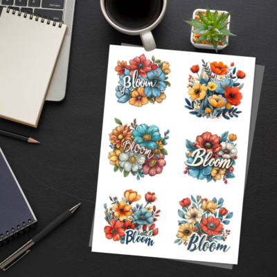Bloom Floral Stickers Sheet - Vibrant Flower Designs for Journals & Crafts (A4 / 8"x12")