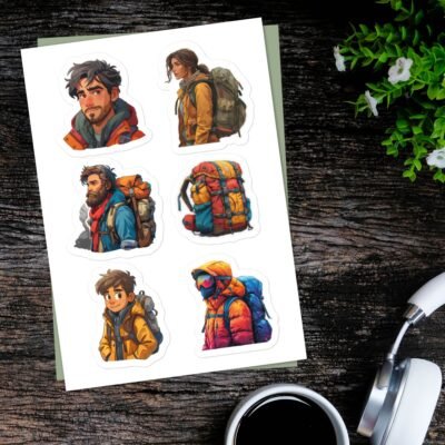 Colorful Hiker Stickers sheet - Adventurous Traveler Stickers, Backpacker Stickers, Wanderlust Stickers (A4 / 8"x12")