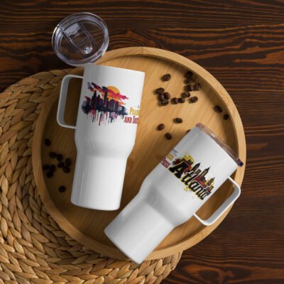 Travel mug with handle and straw - Atlanta mug: "Peaches, Progress, and Southern Press"