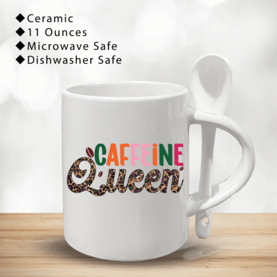 Caffeine Queen Mug with Spoon Set – Cute Coffee Quote Mug, Printed Ceramic Gift for Coffee Lovers